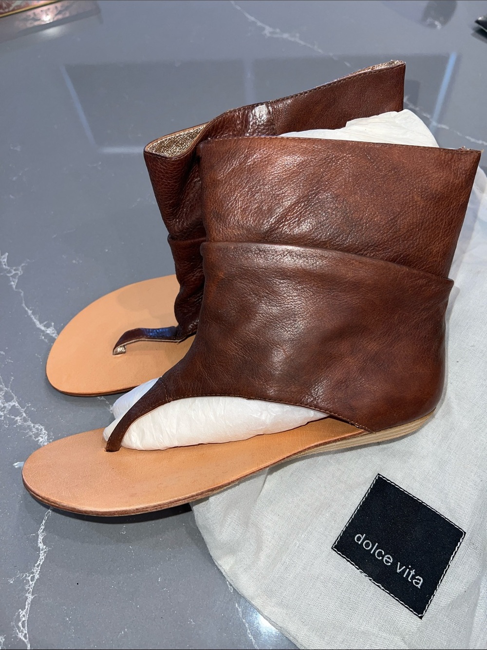 Dolce Vita Brown Leather Thong Sandals with Folded Ankle Cuff